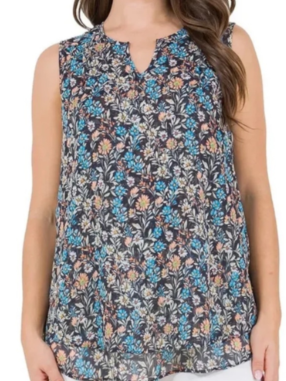Sleeveless Floral V-Neck Tank in Navy with Blue and Peach Flowers